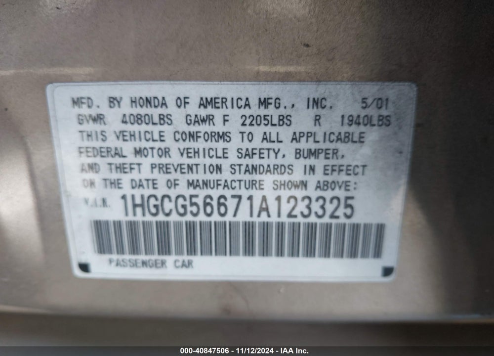 2001 HONDA ACCORD 2.3 EX VIN: 1HGCG56671A123325
