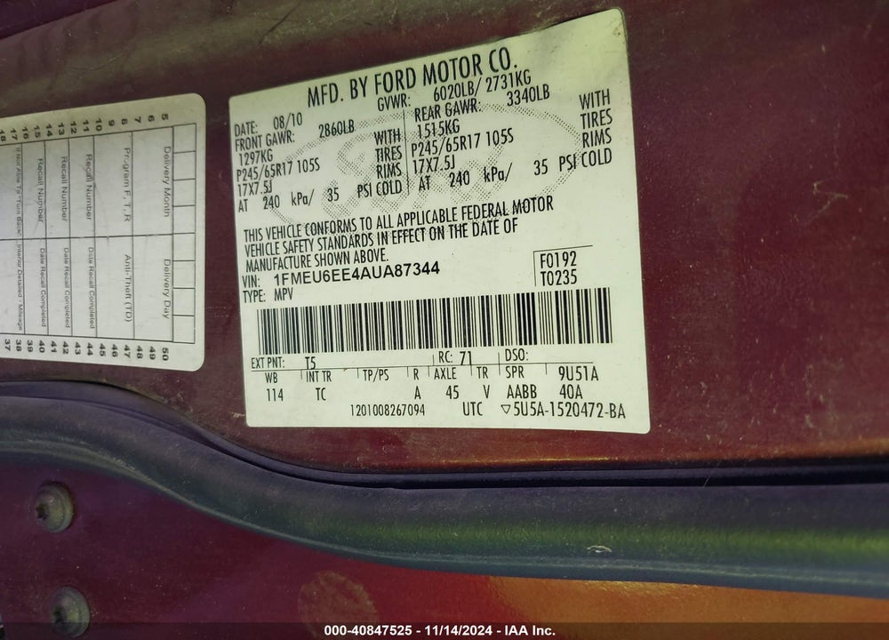 2010 FORD EXPLORER EDDIE BAUER VIN: 1FMEU6EE4AUA87344