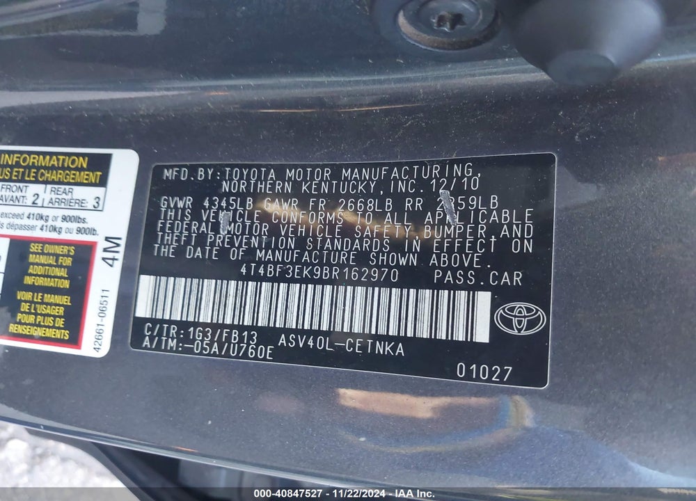 2011 TOYOTA CAMRY LE VIN: 4T4BF3EK9BR162970