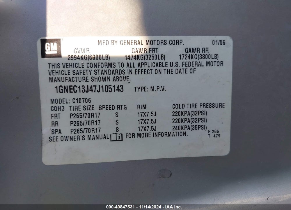 2007 CHEVROLET TAHOE LT VIN: 1GNEC13J47J105143