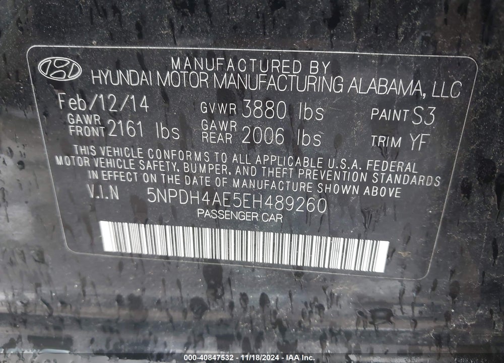 2014 HYUNDAI ELANTRA SE VIN: 5NPDH4AE5EH489260