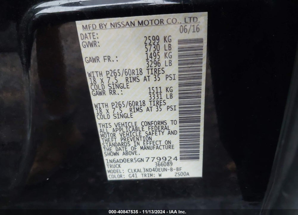 2016 NISSAN FRONTIER SL VIN: 1N6AD0ER5GN779924