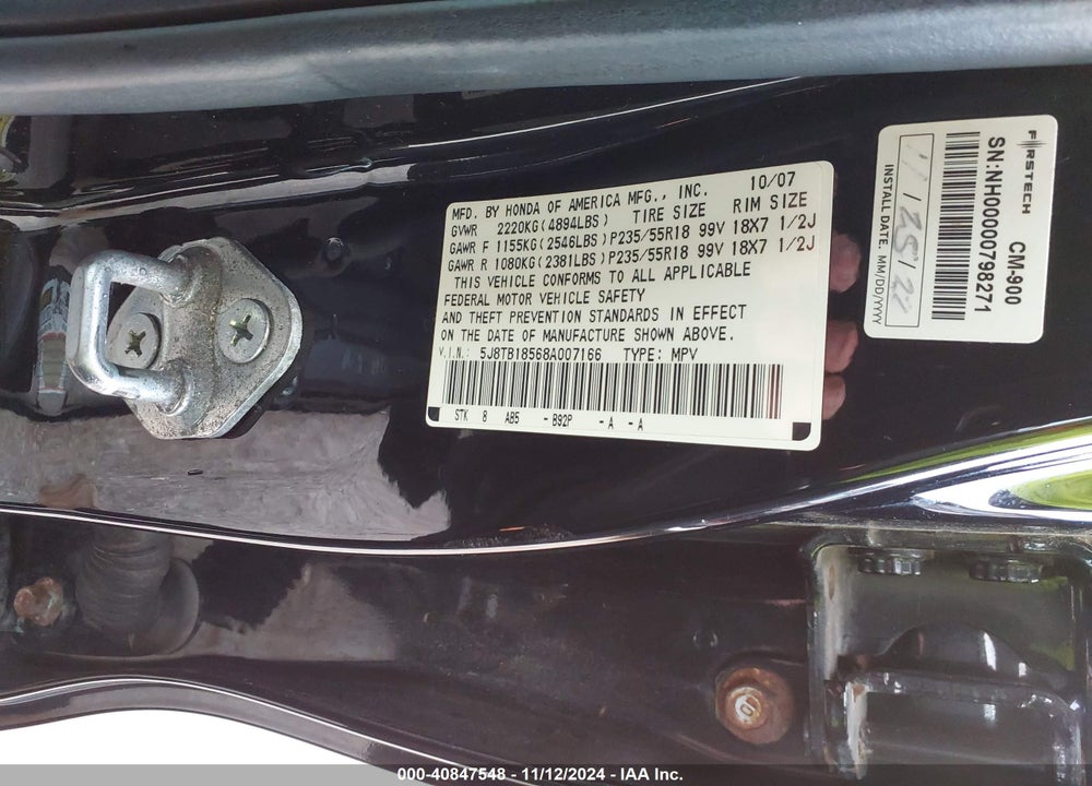 2008 ACURA RDX VIN: 5J8TB18568A007166