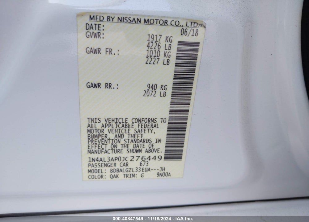 2018 NISSAN ALTIMA 2.5 S VIN: 1N4AL3AP0JC276449