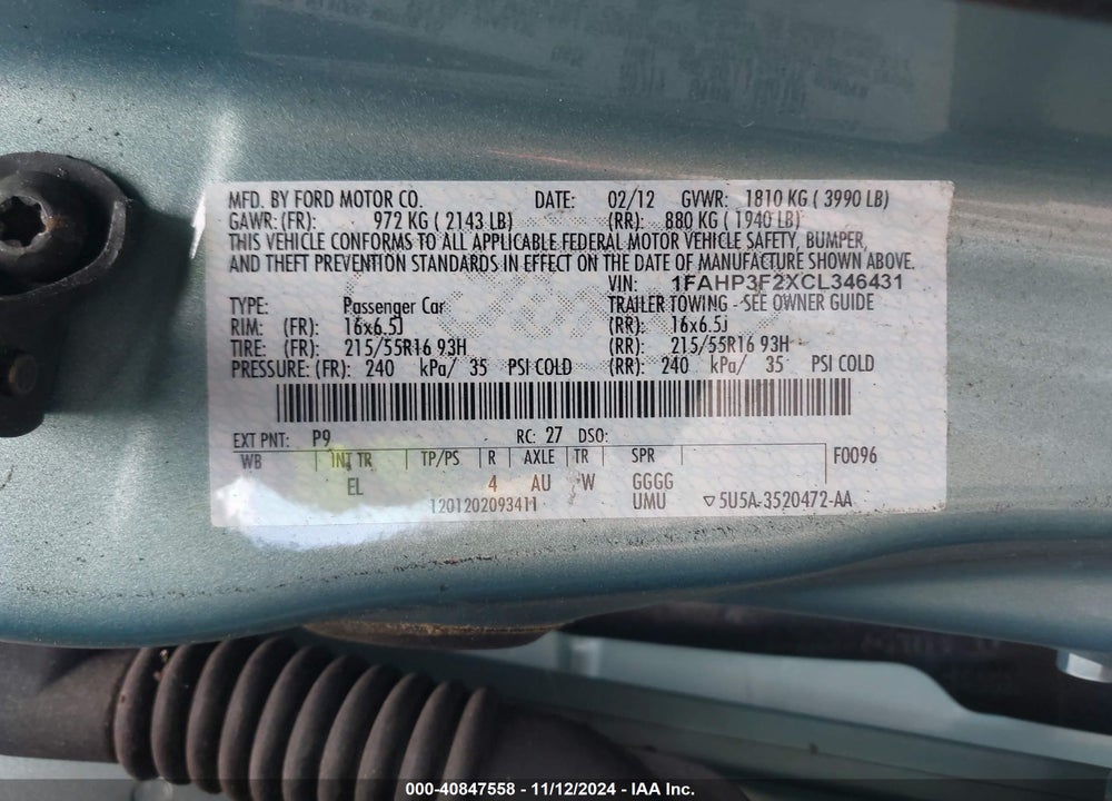 2012 FORD FOCUS SE VIN: 1FAHP3F2XCL346431