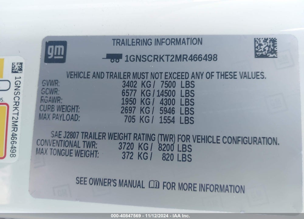 2021 CHEVROLET TAHOE 2WD RST VIN: 1GNSCRKT2MR466498