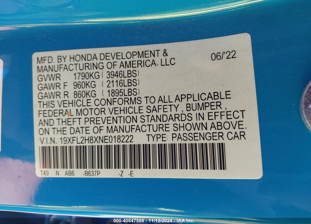2022 HONDA CIVIC SPORT VIN: 19XFL2H8XNE018222