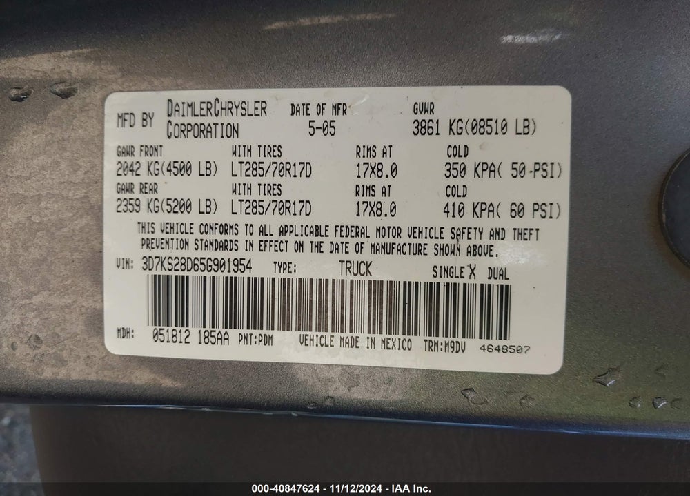2005 DODGE RAM 2500 SLT/LARAMIE VIN: 3D7KS28D65G901954