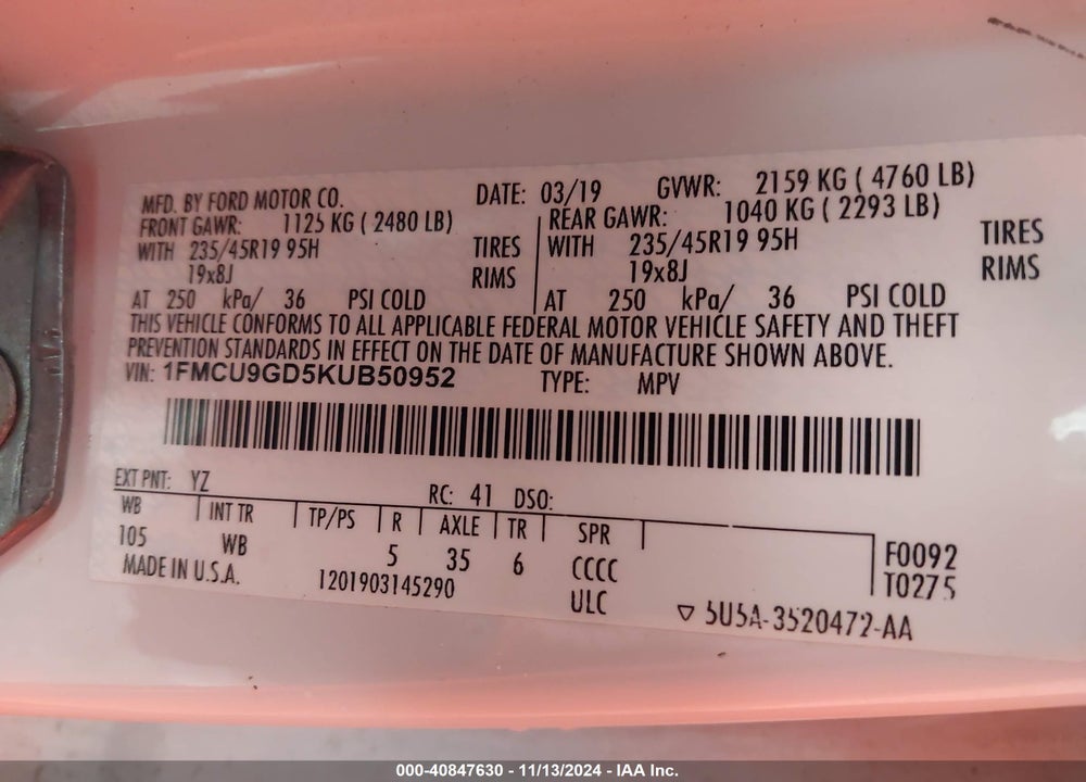 2019 FORD ESCAPE SE VIN: 1FMCU9GD5KUB50952