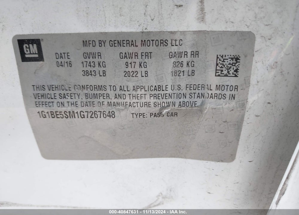 2016 CHEVROLET CRUZE LT AUTO VIN: 1G1BE5SM1G7267648