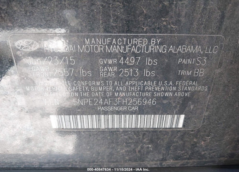 2015 HYUNDAI SONATA SE VIN: 5NPE24AF3FH256946