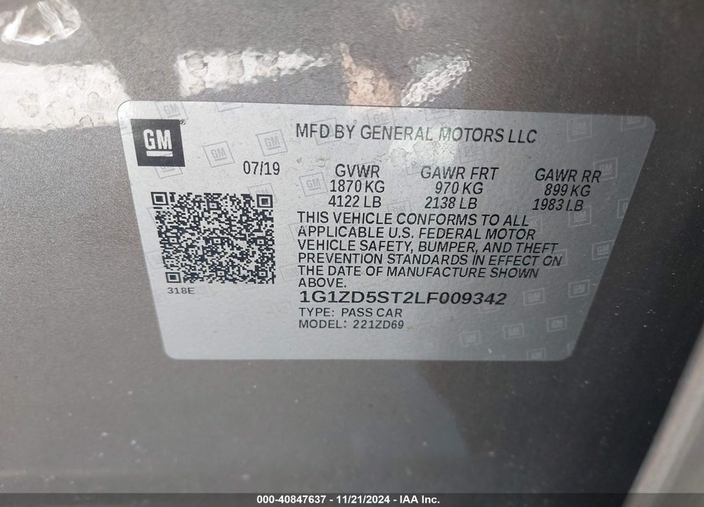 2020 CHEVROLET MALIBU FWD LT VIN: 1G1ZD5ST2LF009342