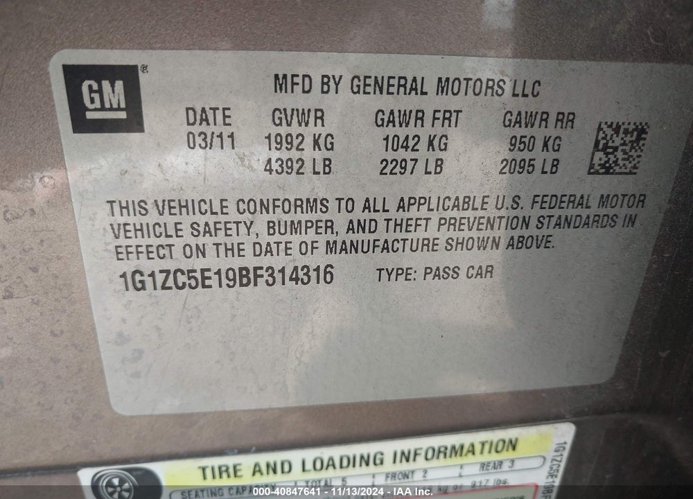 2011 CHEVROLET MALIBU 1LT VIN: 1G1ZC5E19BF314316