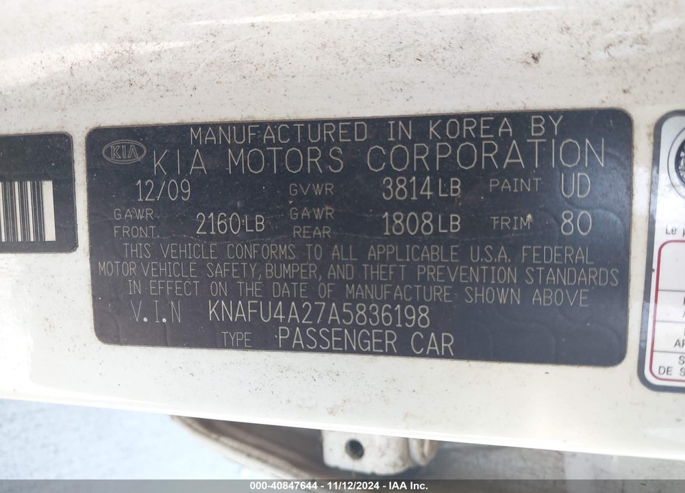2010 KIA FORTE EX VIN: KNAFU4A27A5836198