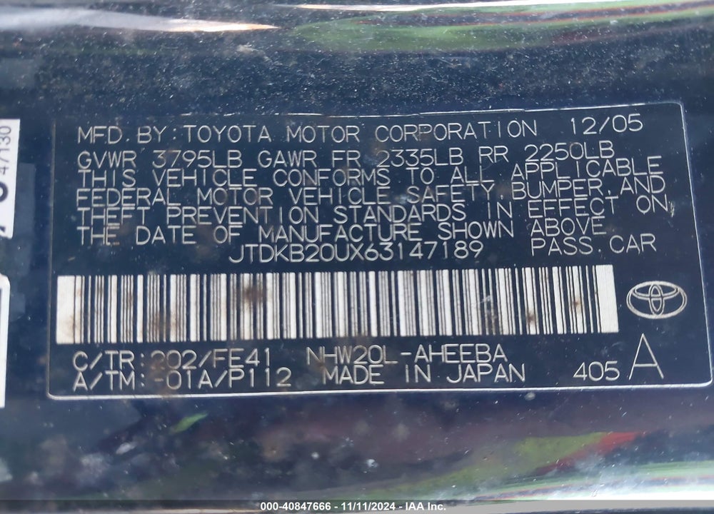 2006 TOYOTA PRIUS VIN: JTDKB20UX63147189