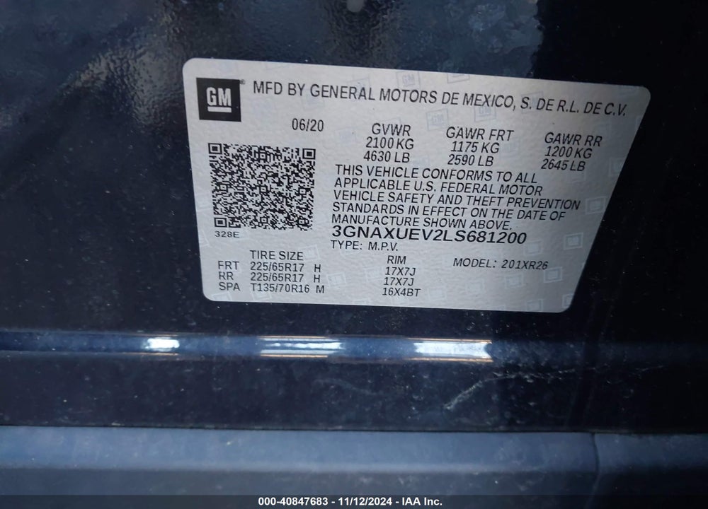 2020 CHEVROLET EQUINOX AWD LT 1.5L TURBO VIN: 3GNAXUEV2LS681200
