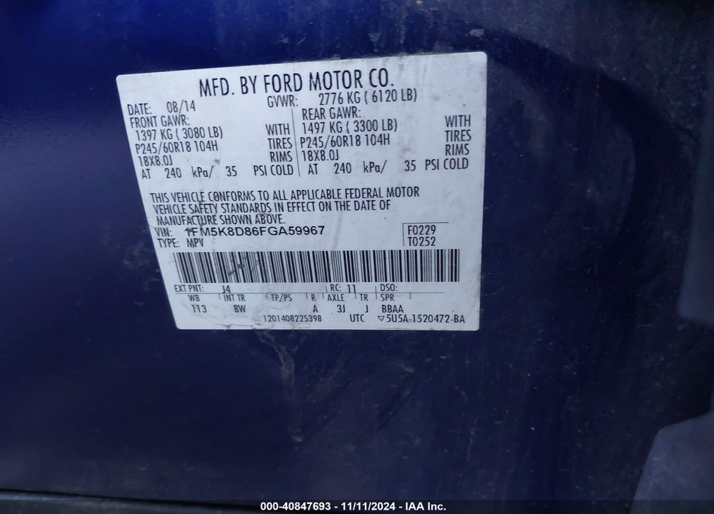 2015 FORD EXPLORER XLT VIN: 1FM5K8D86FGA59967