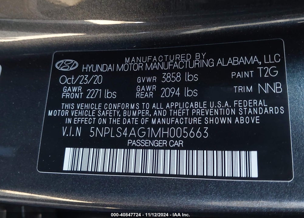 2021 HYUNDAI ELANTRA SEL VIN: 5NPLS4AG1MH005663