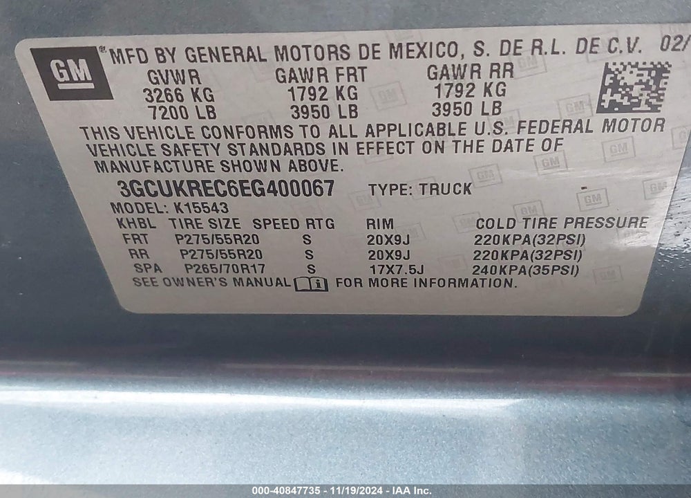 2014 CHEVROLET SILVERADO 1500 1LT VIN: 3GCUKREC6EG400067