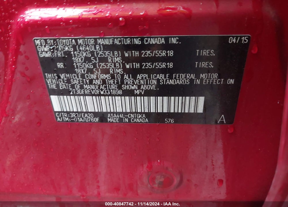 2015 TOYOTA RAV4 LIMITED VIN: 2T3DFREV0FW331898