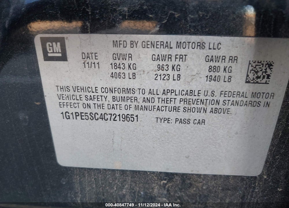 2012 CHEVROLET CRUZE LT VIN: 1G1PE5SC4C7219651