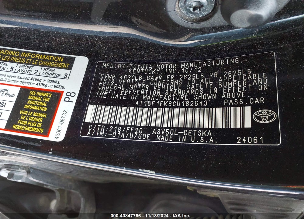 2012 TOYOTA CAMRY SE LIMITED EDITION VIN: 4T1BF1FK8CU182643