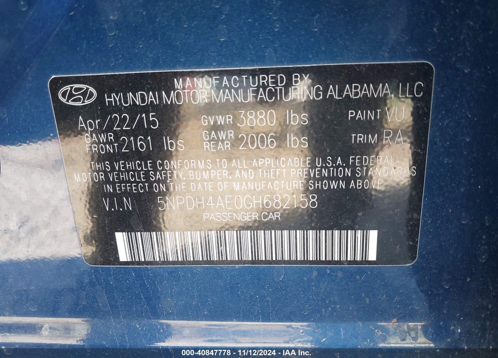 2016 HYUNDAI ELANTRA SE VIN: 5NPDH4AE0GH682158