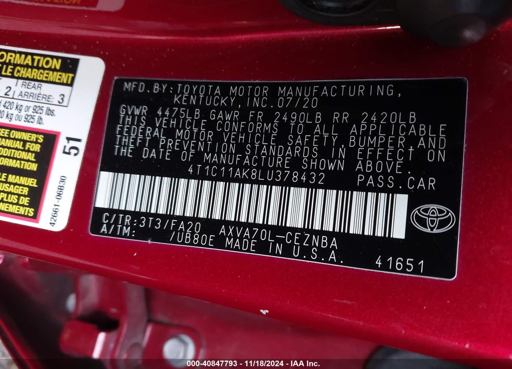 2020 TOYOTA CAMRY LE VIN: 4T1C11AK8LU378432