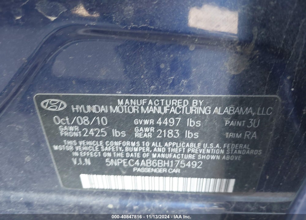 2011 HYUNDAI SONATA LIMITED 2.0T VIN: 5NPEC4AB6BH175492