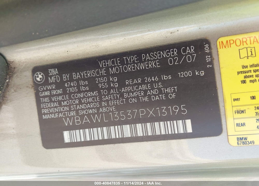 2007 BMW 328I VIN: WBAWL13537PX13195