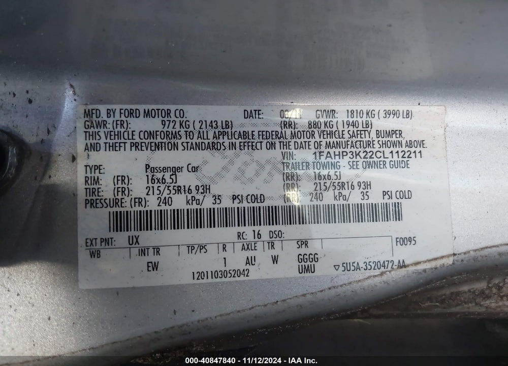 2012 FORD FOCUS VIN: 1FAHP3K22CL112211
