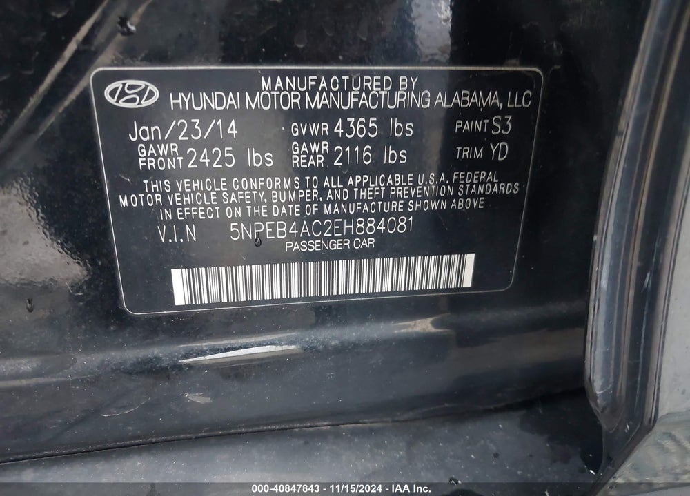 2014 HYUNDAI SONATA GLS VIN: 5NPEB4AC2EH884081