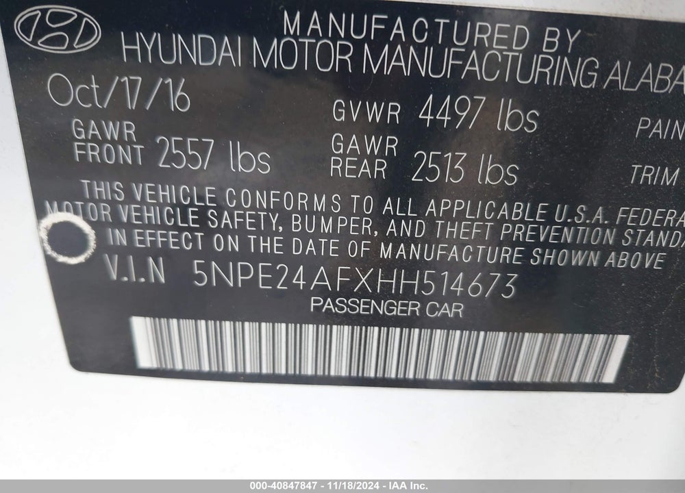 2017 HYUNDAI SONATA VIN: 5NPE24AFXHH514673