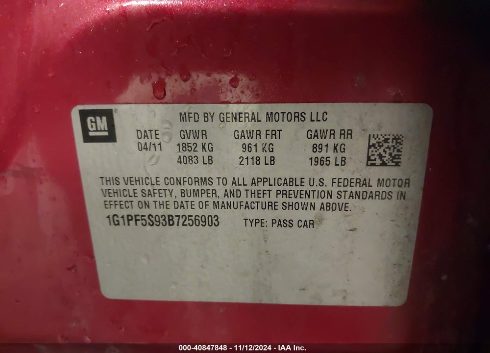 2011 CHEVROLET CRUZE 1LT VIN: 1G1PF5S93B7256903