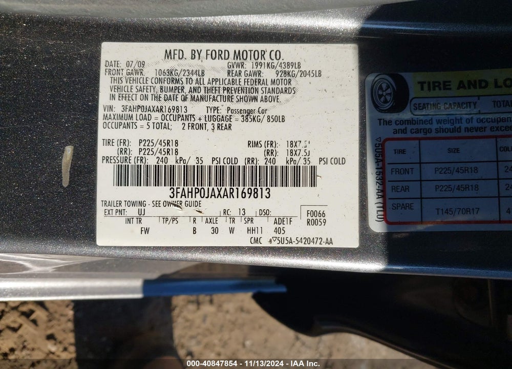2010 FORD FUSION SEL VIN: 3FAHP0JAXAR169813