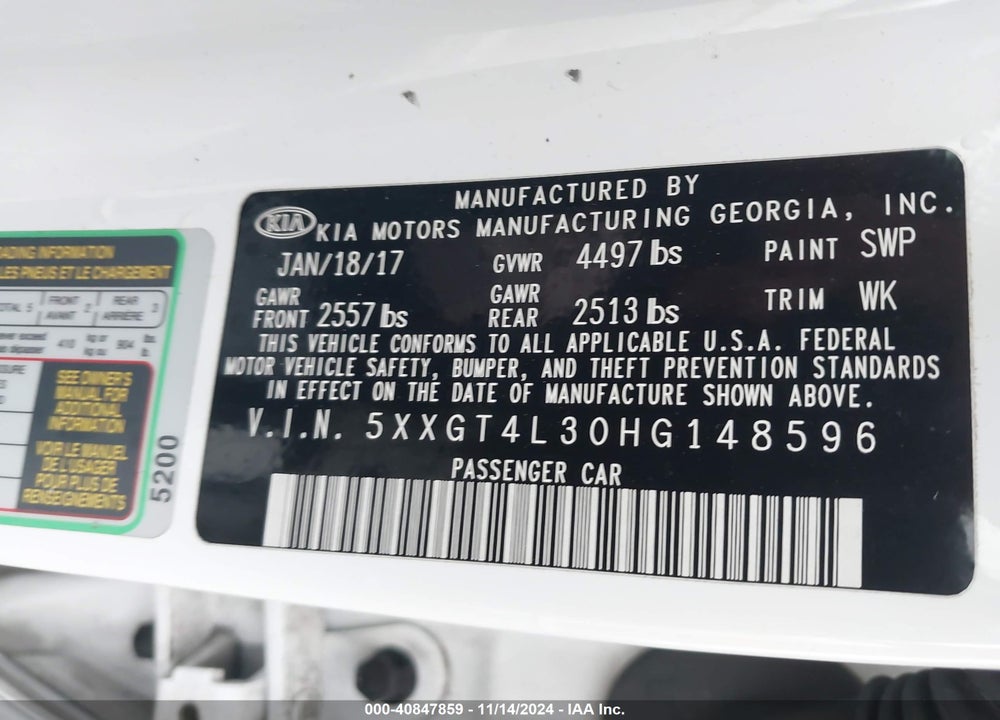 2017 KIA OPTIMA VIN: 5XXGT4L30HG148596