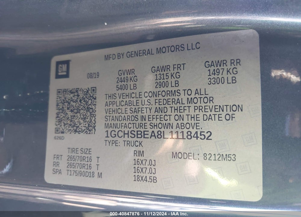 2020 CHEVROLET COLORADO VIN: 1GCHSBEA8L1118452