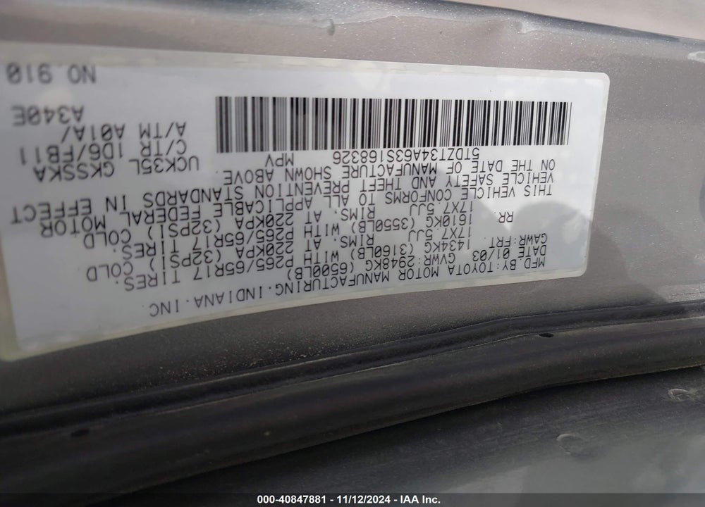 2003 TOYOTA SEQUOIA SR5 V8 VIN: 5TDZT34A63S168326