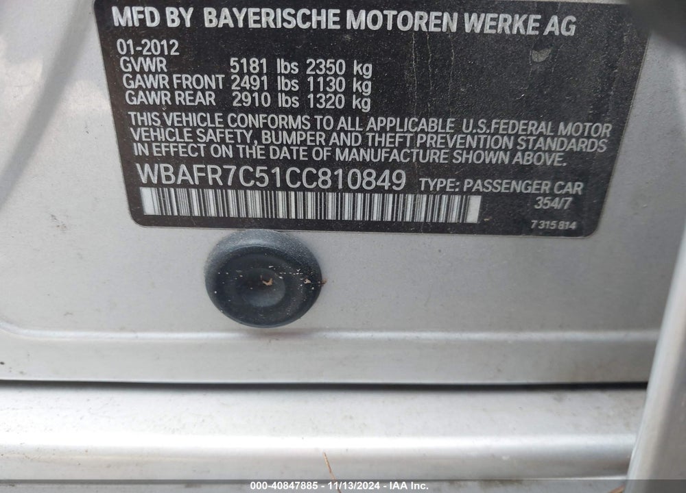 2012 BMW 535I VIN: WBAFR7C51CC810849