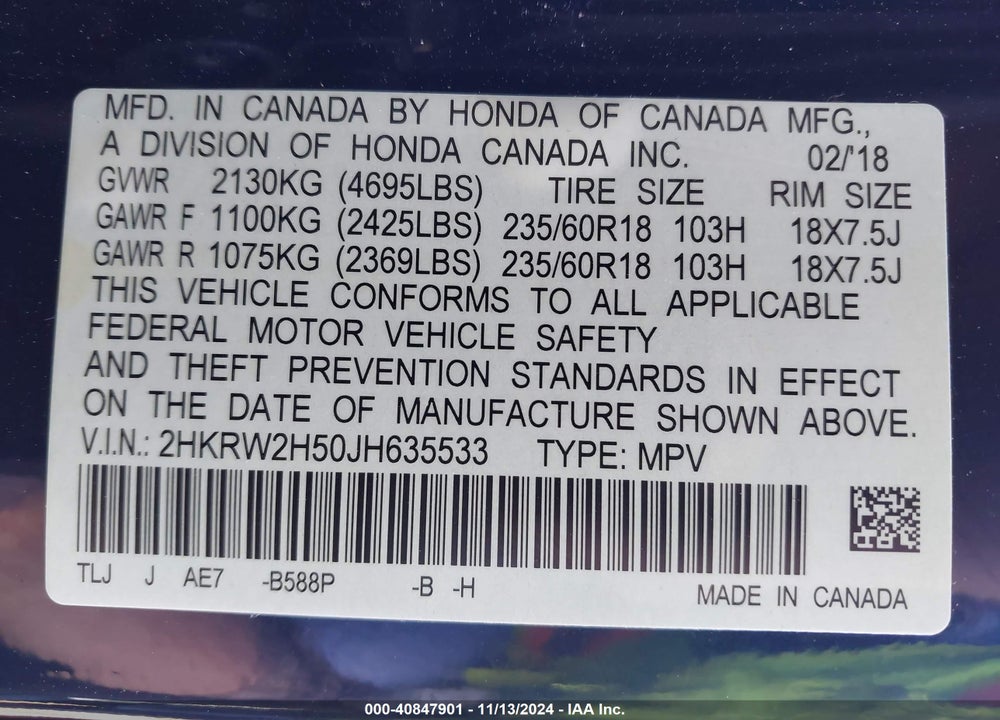 2018 HONDA CR-V EX VIN: 2HKRW2H50JH635533