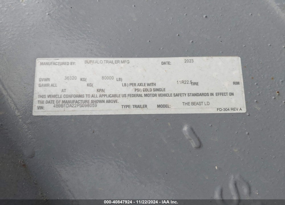2023 TRAILER BUFFALO DUMP VIN: 4B9B1DA22PS098059