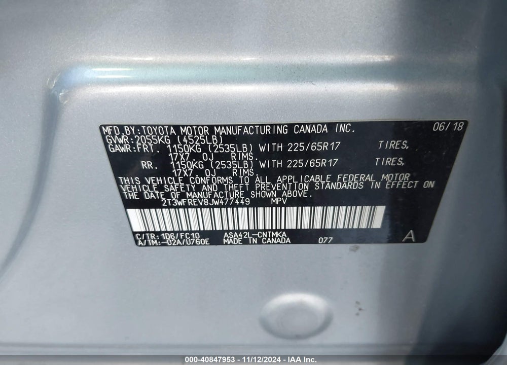 2018 TOYOTA RAV4 XLE VIN: 2T3WFREV8JW477449