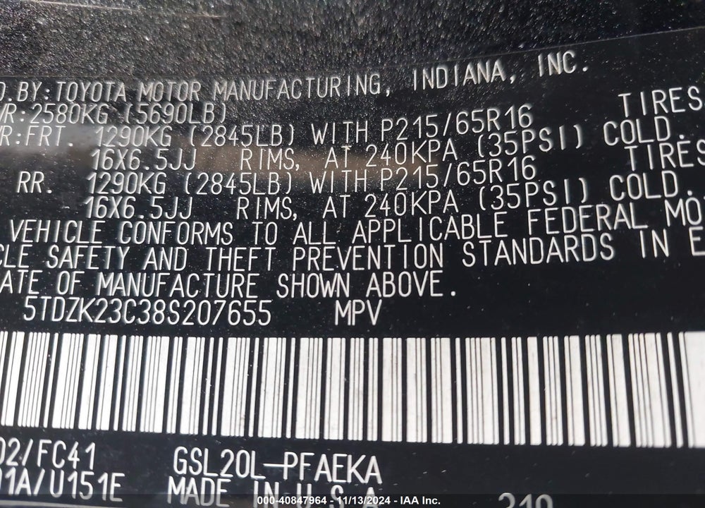 2008 TOYOTA SIENNA LE VIN: 5TDZK23C38S207655