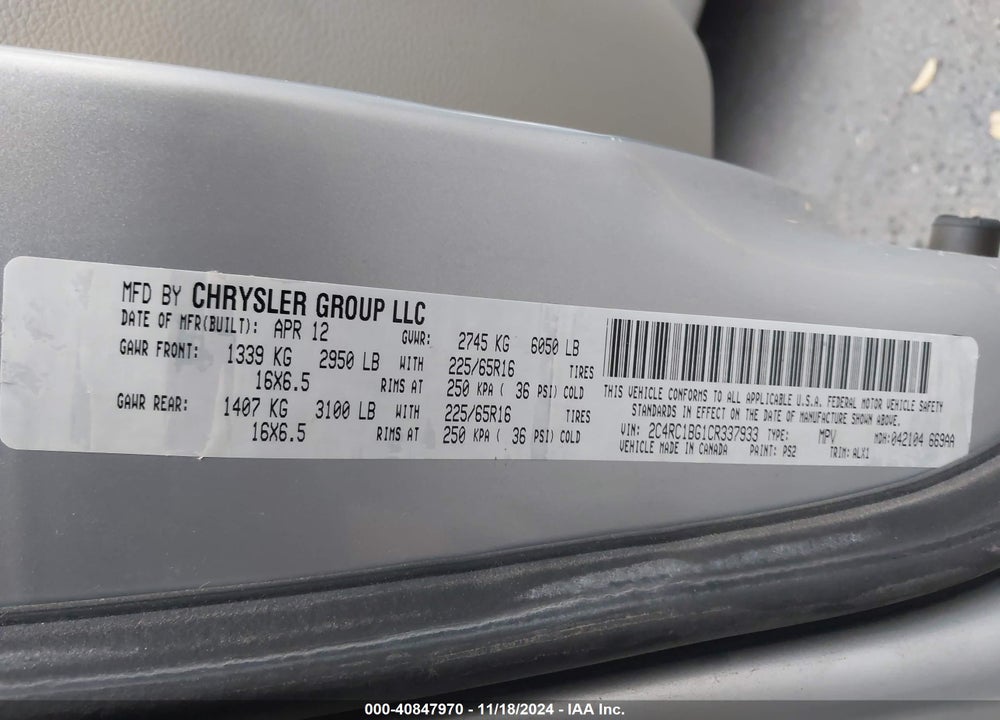 2012 CHRYSLER TOWN & COUNTRY TOURING VIN: 2C4RC1BG1CR337933