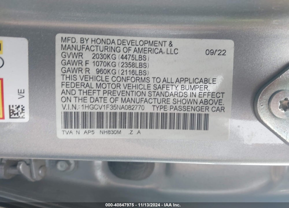 2022 HONDA ACCORD SPORT VIN: 1HGCV1F35NA082770