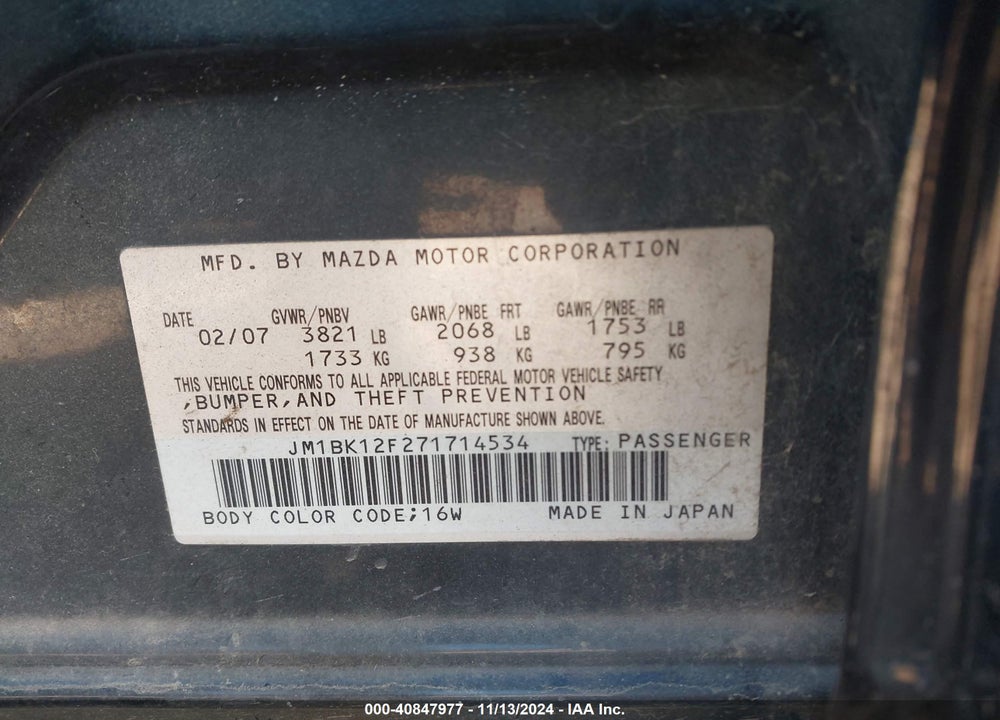 2007 MAZDA 3 I VIN: JM1BK12F271714534