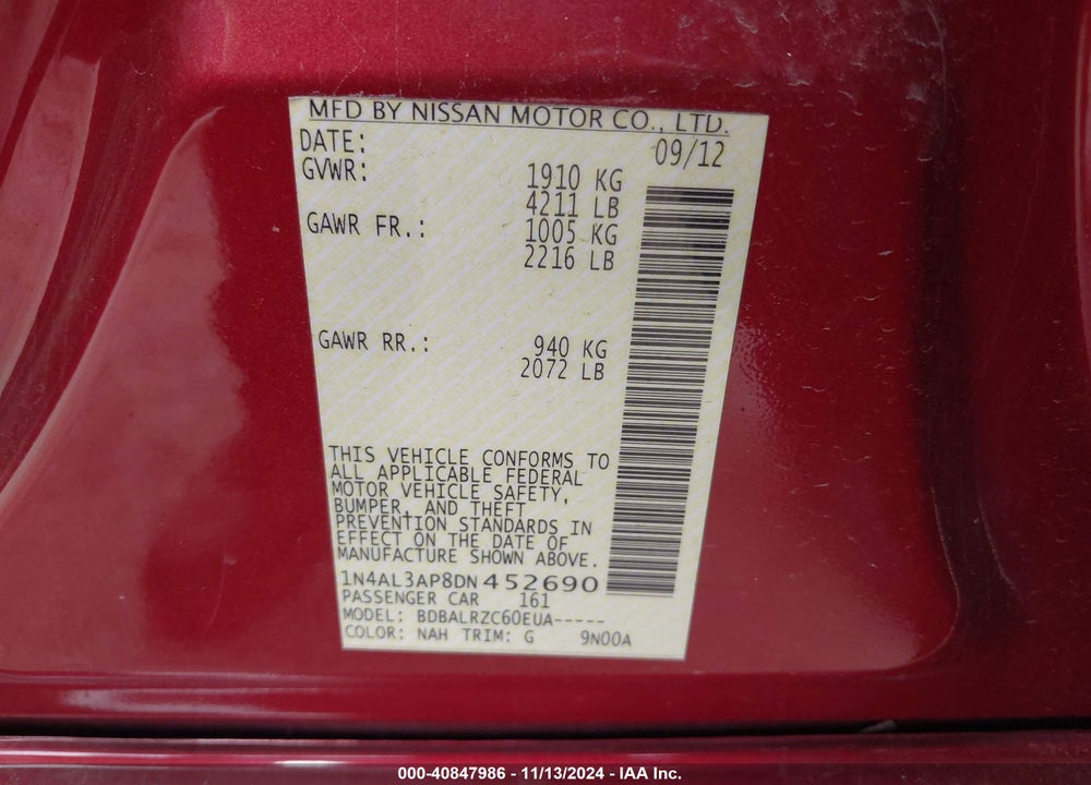 2013 NISSAN ALTIMA VIN: 1N4AL3AP8DN452690