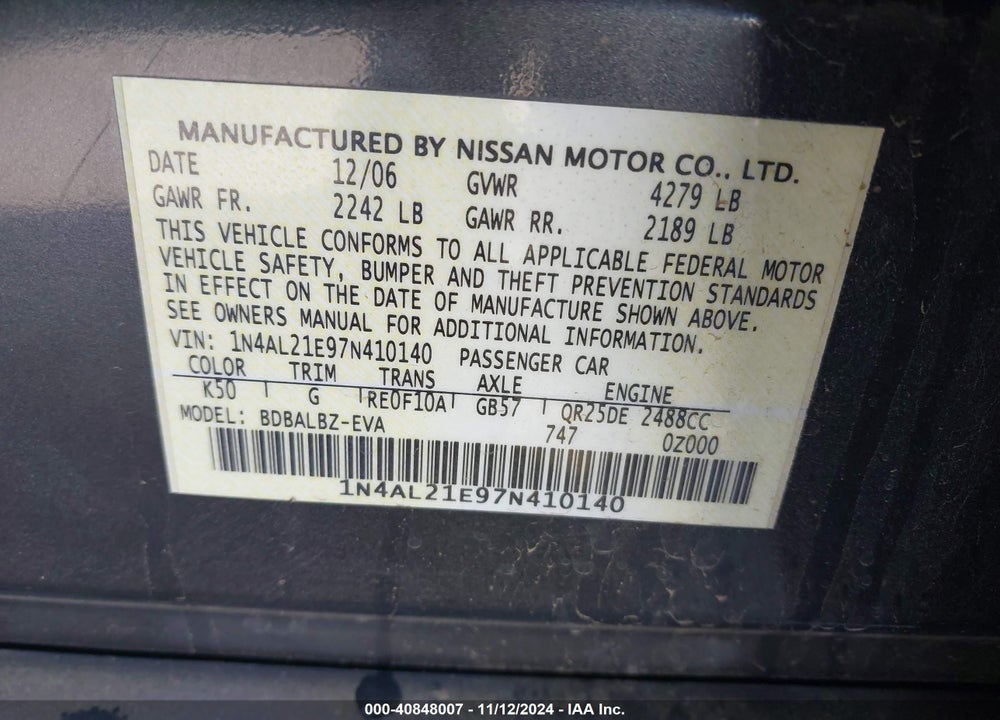 2007 NISSAN ALTIMA 2.5 S VIN: 1N4AL21E97N410140