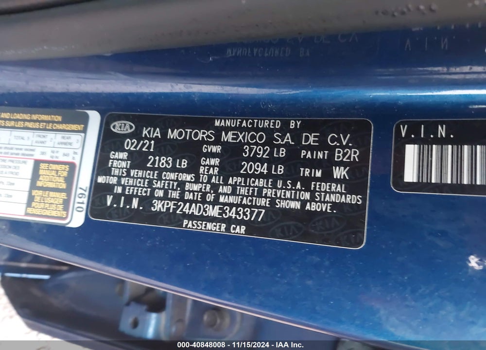 2021 KIA FORTE LXS VIN: 3KPF24AD3ME343377