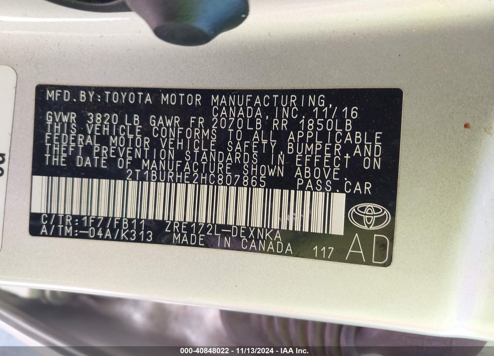 2017 TOYOTA COROLLA LE VIN: 2T1BURHE2HC807865